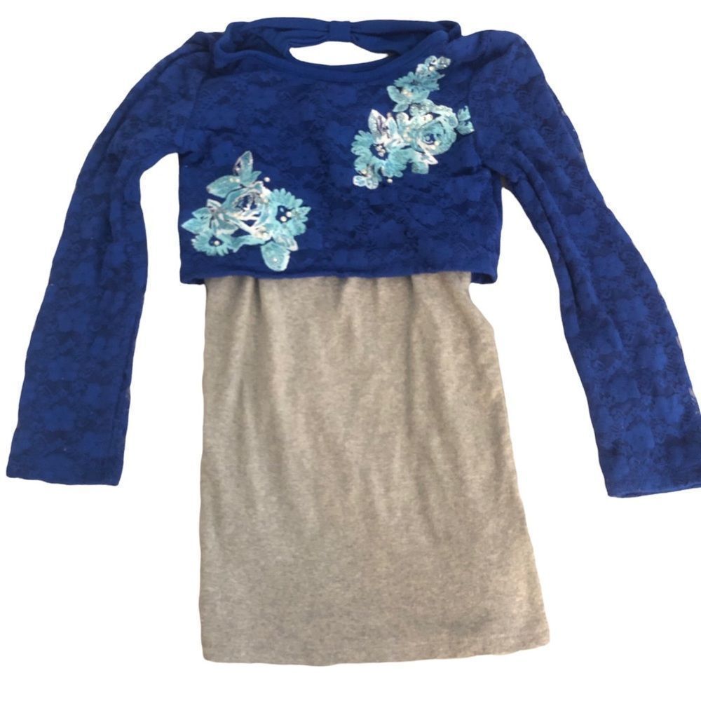 🔑5/$30 Justice Little Girls 8 Longsleeve Blue Lace Floral Shirt w/ Gray Under